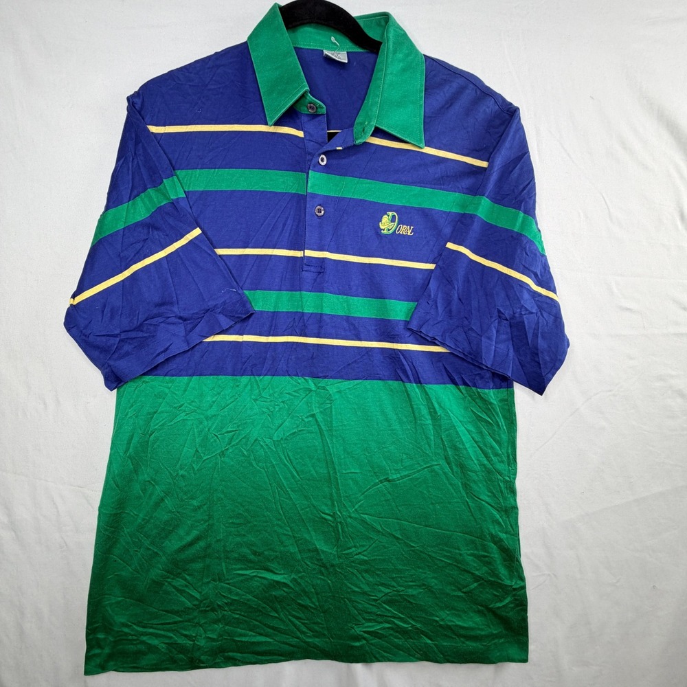 Vintage Doral Golf Polo Shirt Mens Large Blue Green Striped Cotton Lisle 1657